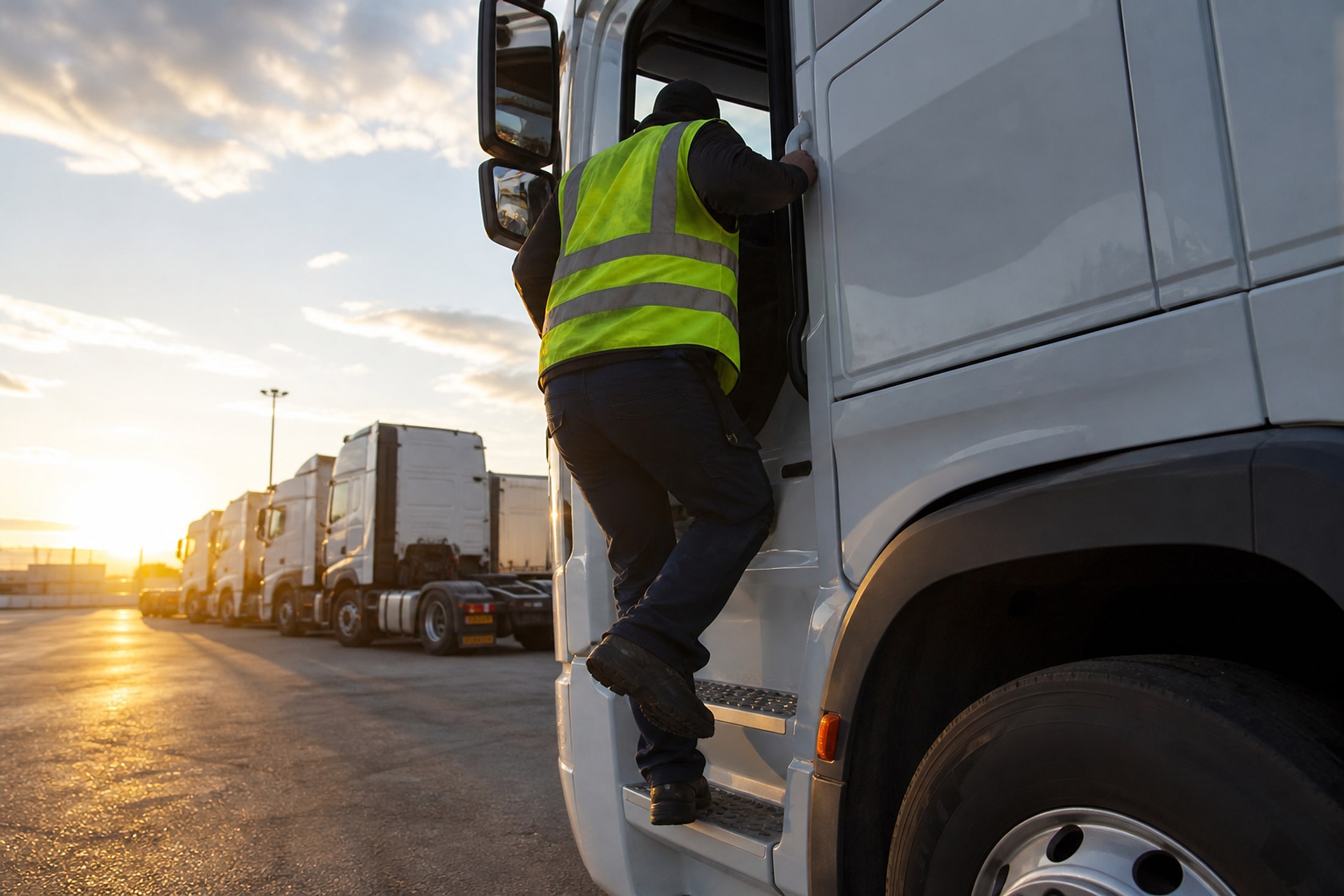 A Prime Star driver climbing into the cab at a terminal yard at sunrise