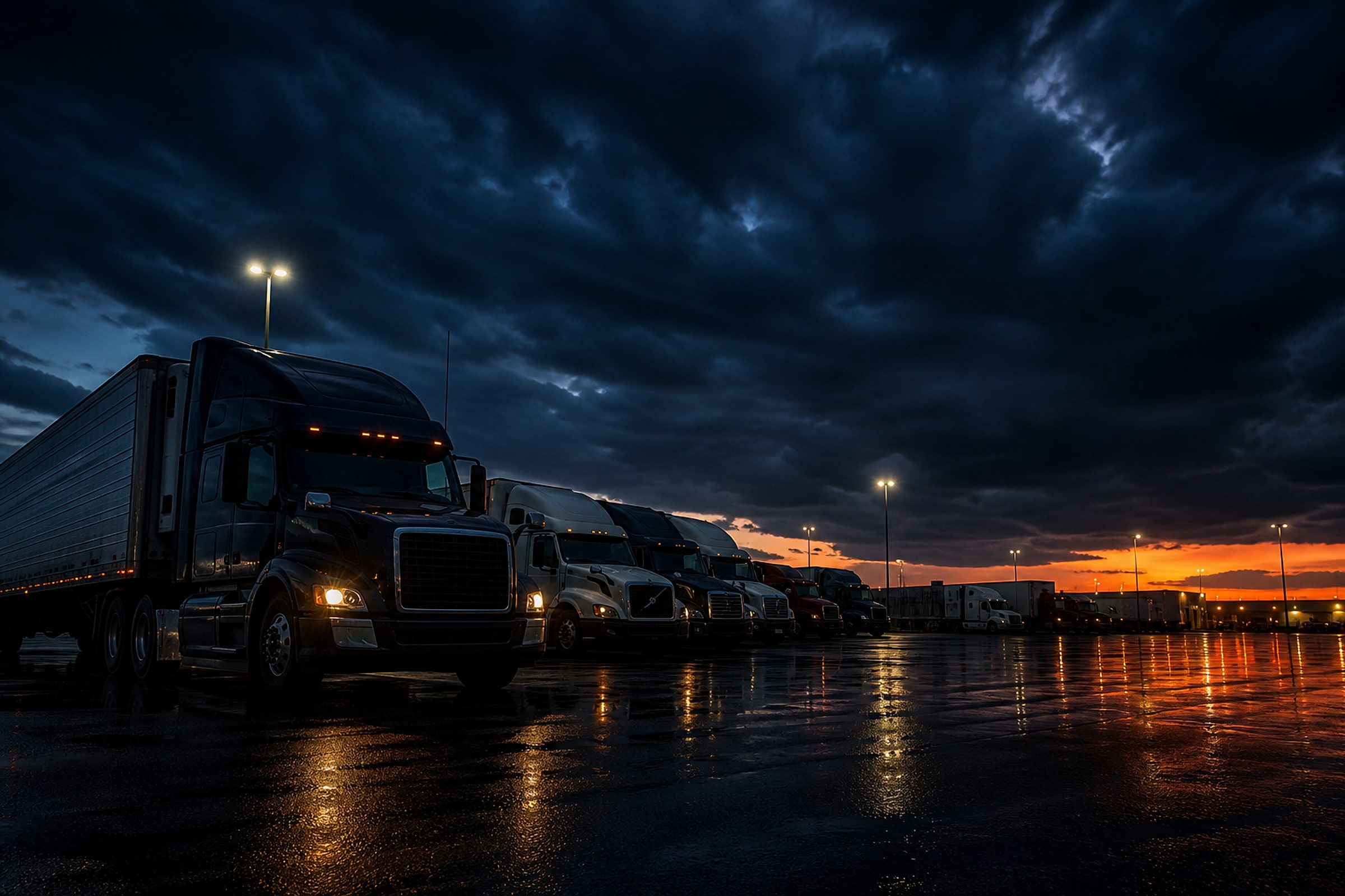Prime Star Transport tractors staged at a terminal under a dusk sky