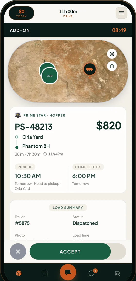 A new load offer in the app with the pay, route and Accept button