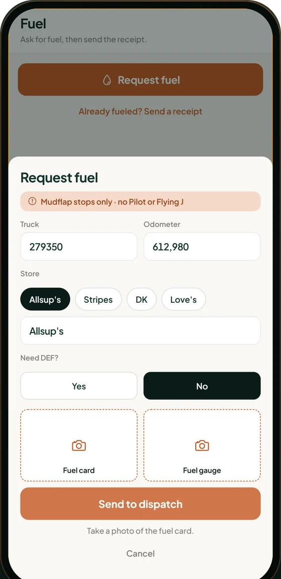 The fuel request form with store, odometer and photo fields
