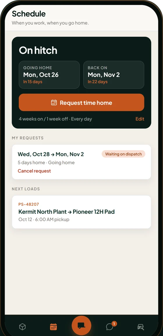 The schedule screen showing going-home and back-on dates