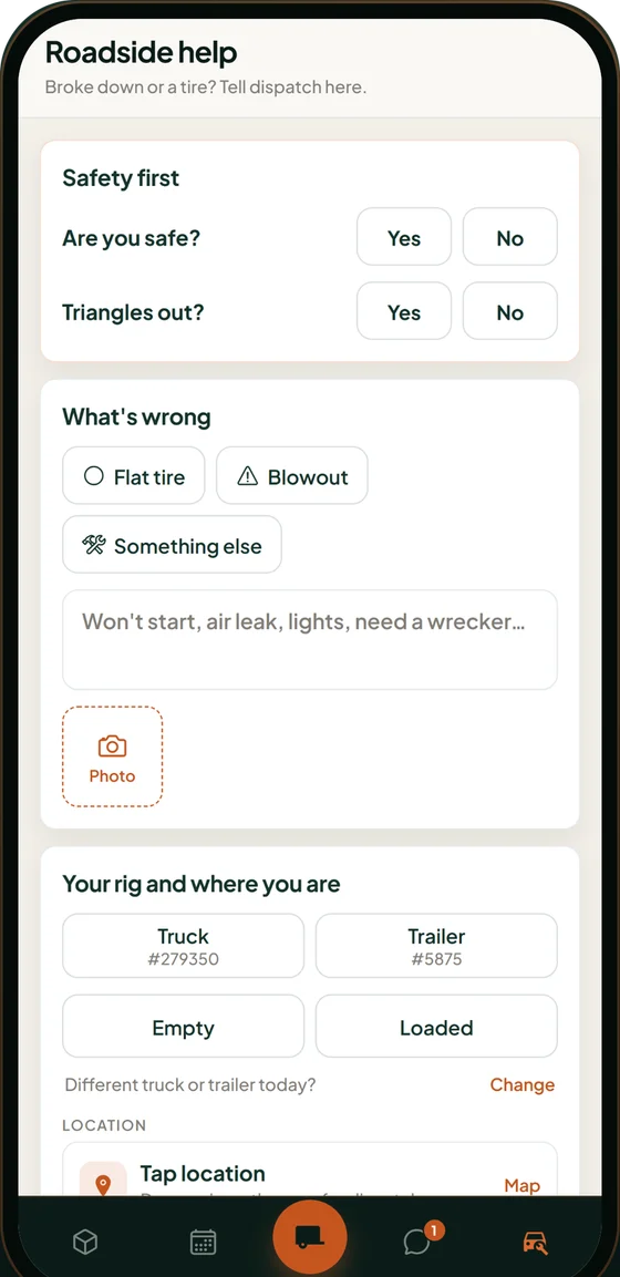 The roadside help form with a safety check and photo upload