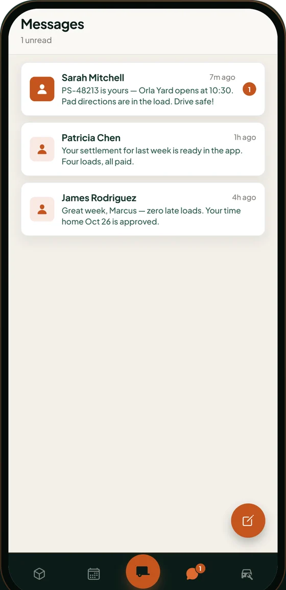 The messages inbox with dispatch, payroll and management threads