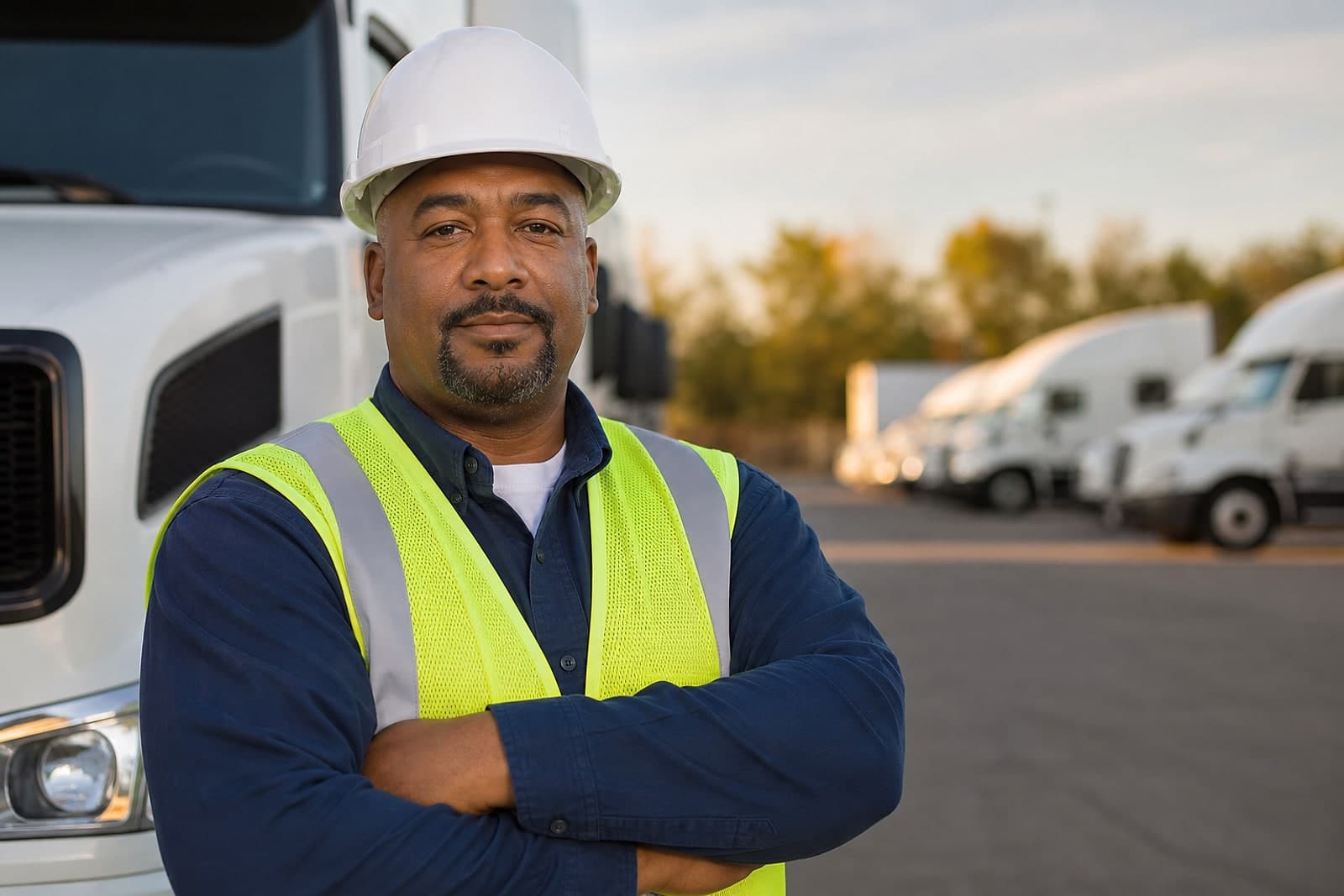 A Prime Star Transport driver standing in front of the fleet
