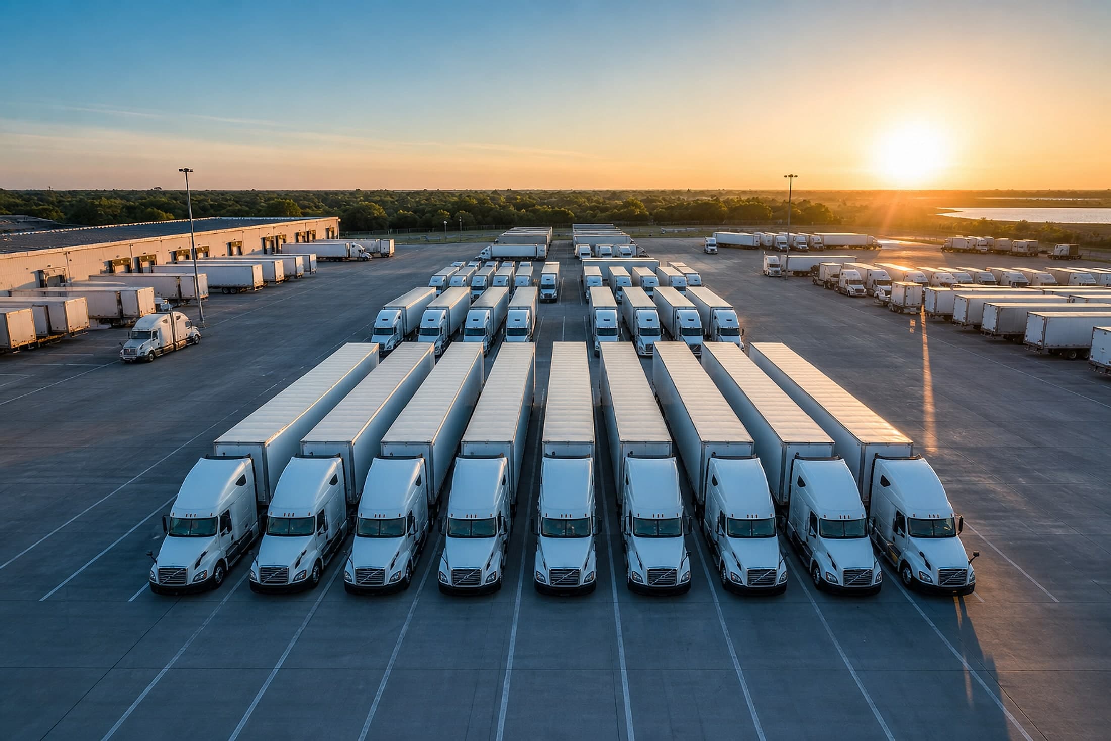 Aerial view of the Prime Star Transport fleet staged at a terminal yard