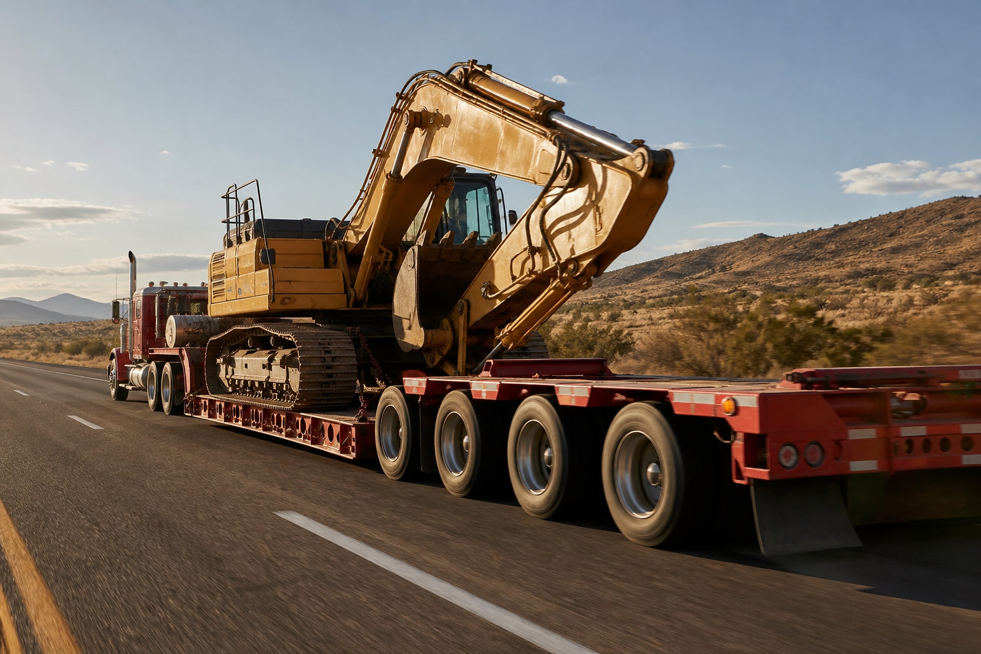 A lowboy trailer hauling heavy tracked equipment across a Texas highway