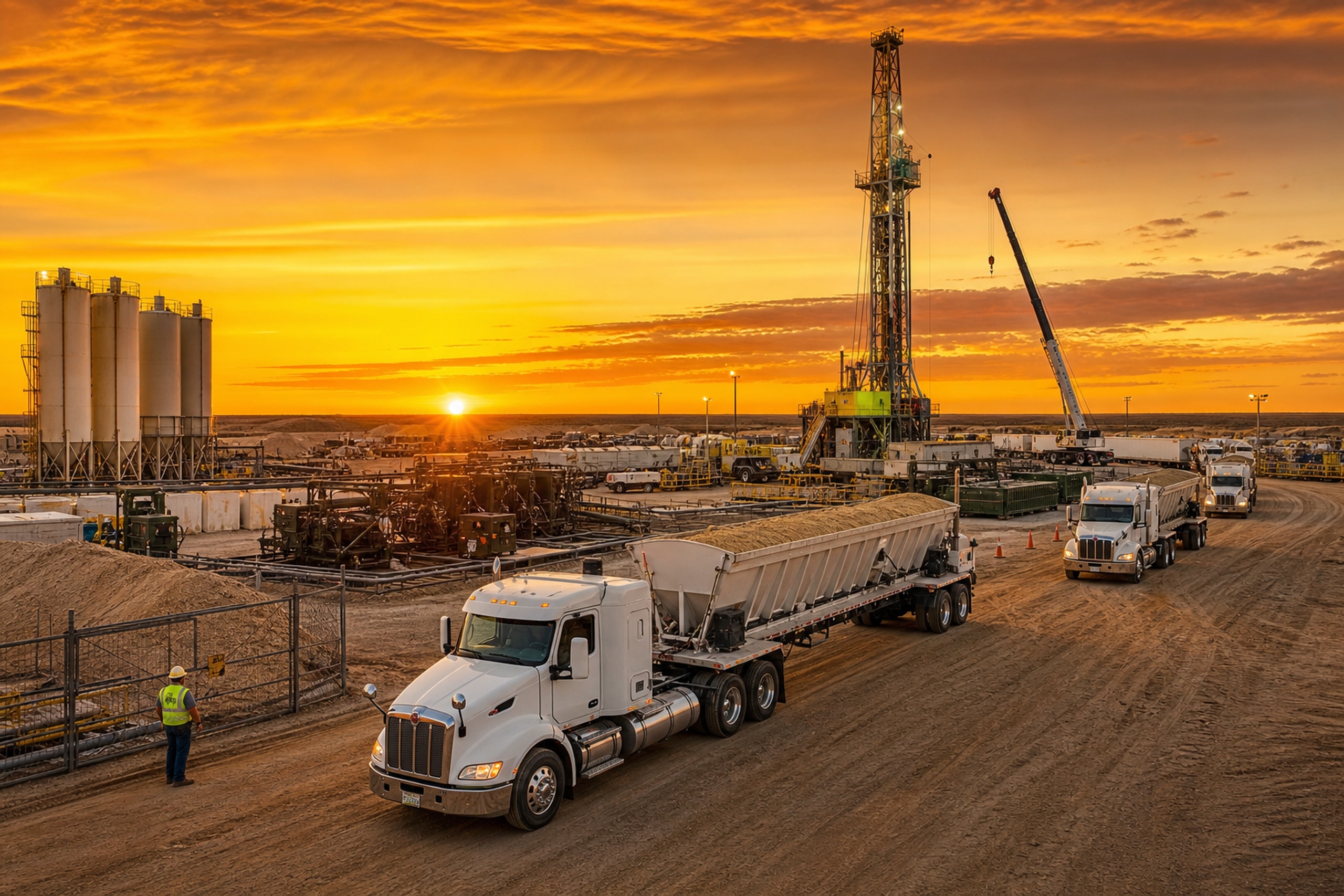 Prime Star Transport frac sand trucks at an oilfield drilling site during sunset