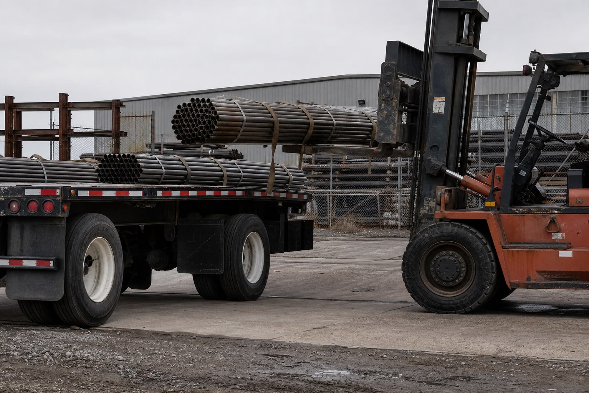 A flatbed trailer being loaded with bundled steel pipe at an industrial yard