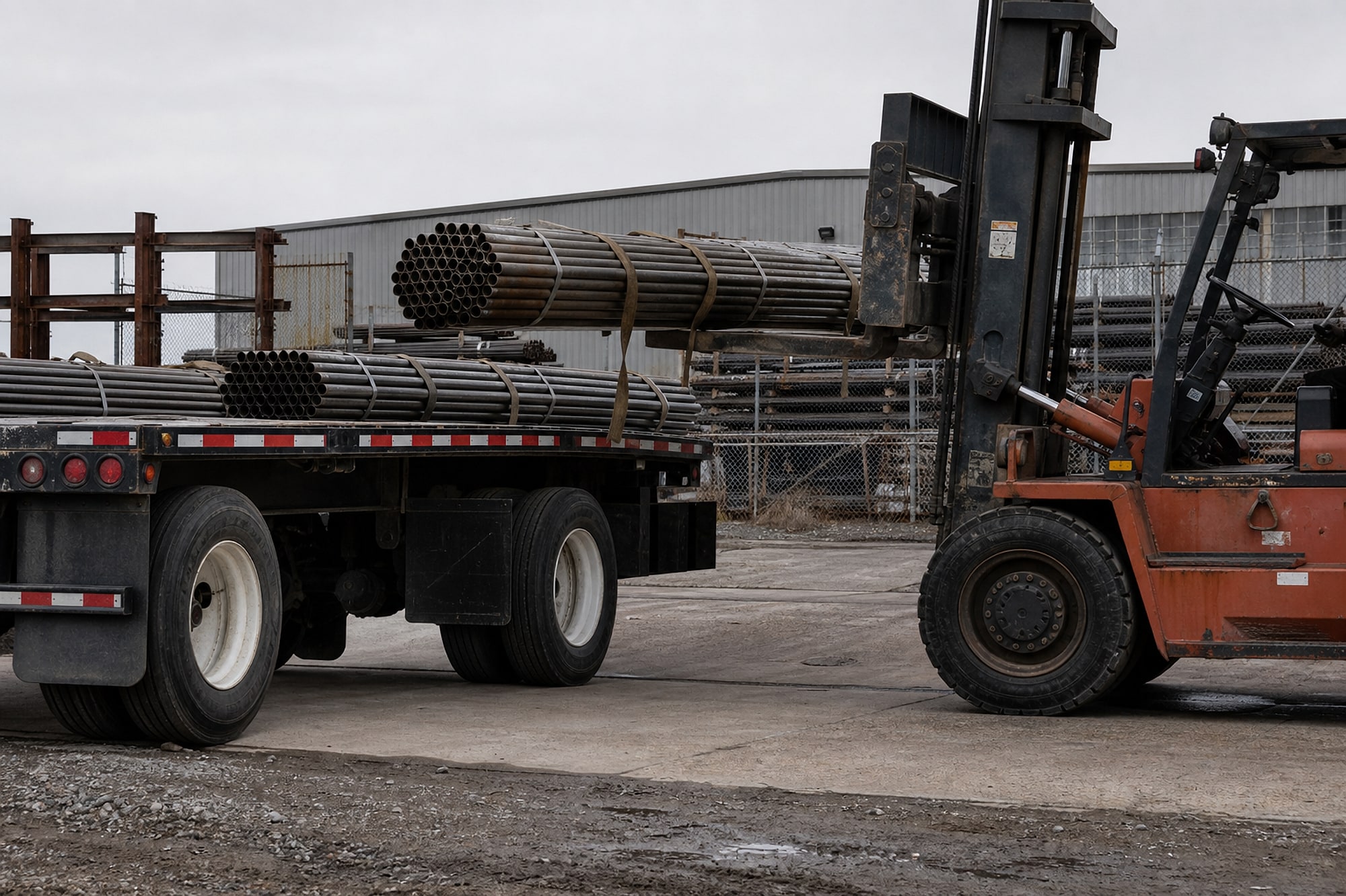 A flatbed trailer loaded with bundled steel pipe at an industrial supply yard