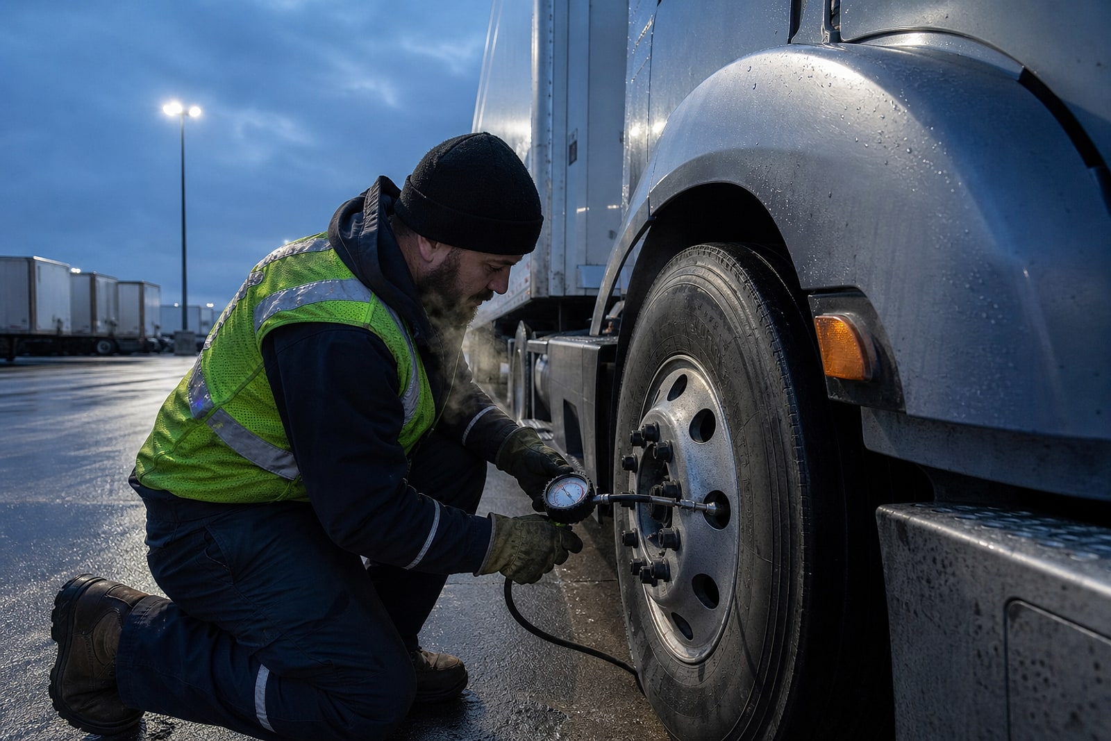 A driver performing a recorded pre-trip inspection at dawn in a terminal yard