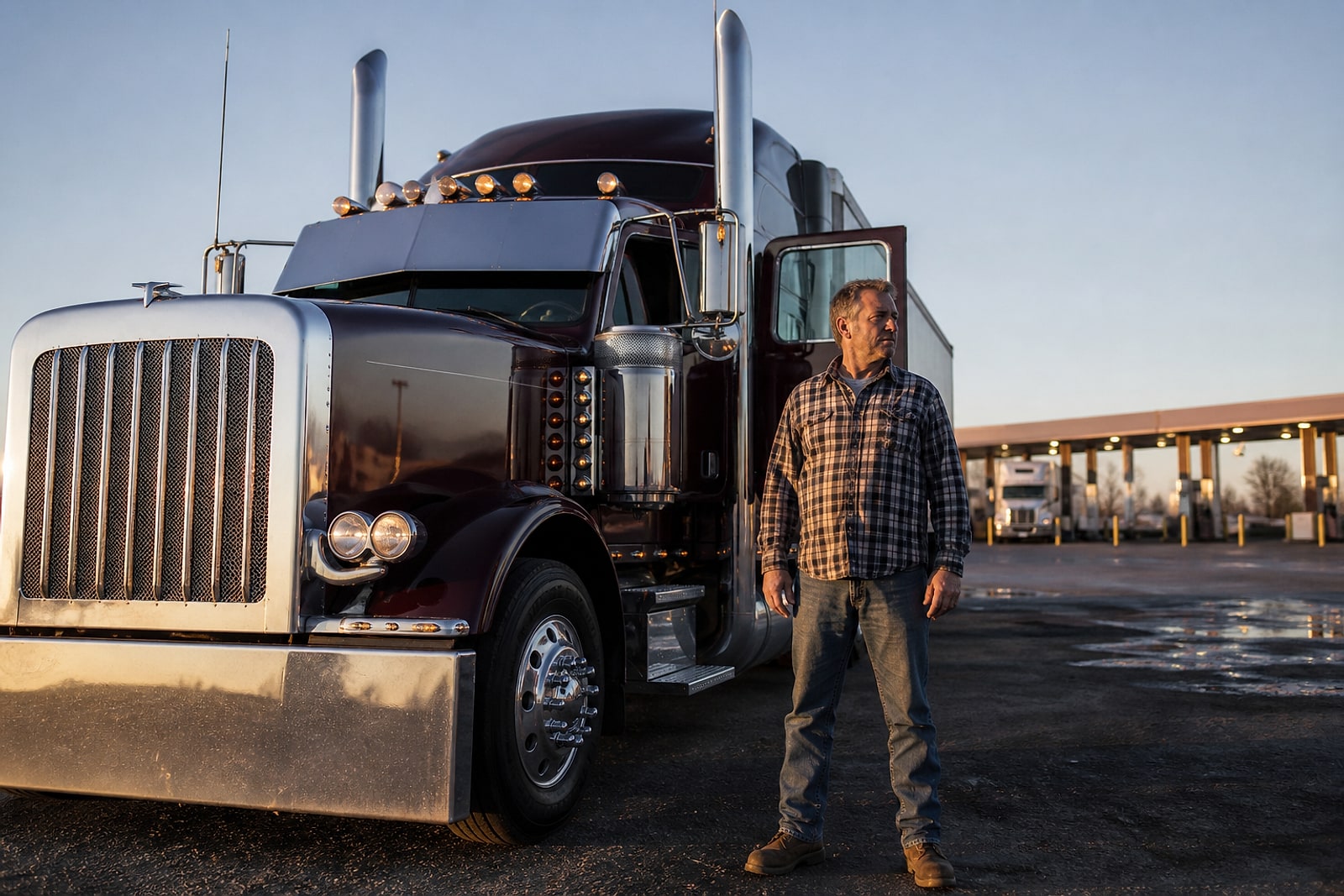 An owner-operator standing beside his tractor at a fuel island in early morning light